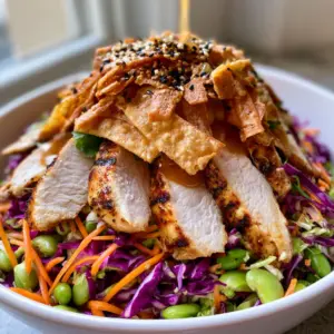 Top view of a vibrant Asian chicken crunch salad with purple cabbage and edamame. (asian chicken crunch salad)