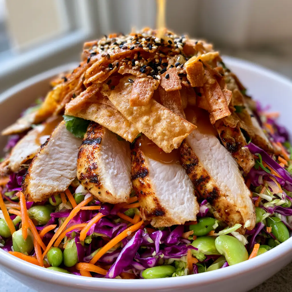 Asian Chicken Crunch Salad with Thick Sesame Ginger Dressing 2 Top view of a vibrant Asian chicken crunch salad with purple cabbage and edamame. (asian chicken crunch salad)