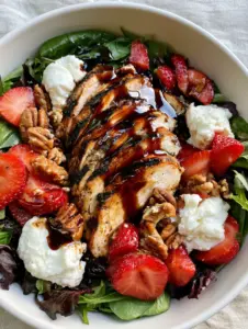A smartphone photo of strawberry balsamic chicken salad with mahogany glazed chicken and fresh strawberries in a matte white ceramic bowl.