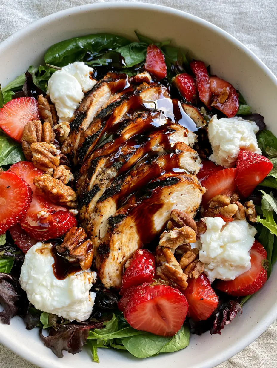 A smartphone photo of strawberry balsamic chicken salad with mahogany glazed chicken and fresh strawberries in a matte white ceramic bowl.