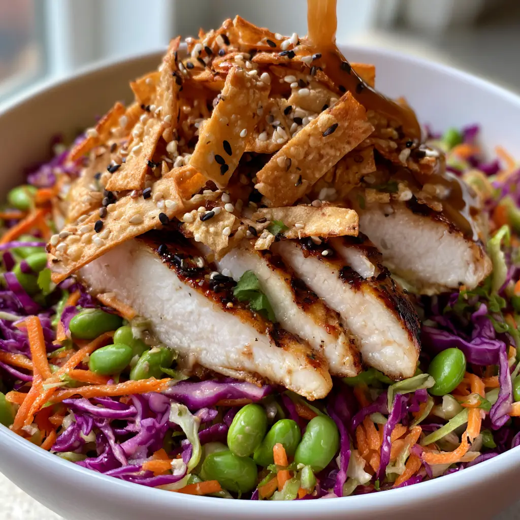 Asian Chicken Crunch Salad with Thick Sesame Ginger Dressing 1 Close up of seared chicken breast with grill marks on a bed of Asian crunch salad.