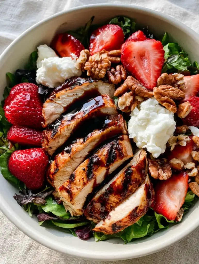 Close-up of golden-brown toasted pecans and snow-white goat cheese crumbles on a strawberry balsamic chicken salad.