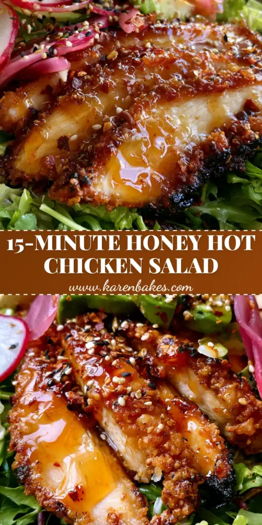Honey Hot Chicken Salad with Sticky Glaze and Goat Cheese 3 A close-up of a honey hot chicken salad featuring sticky glazed chicken, radishes, and goat cheese in a white bowl.