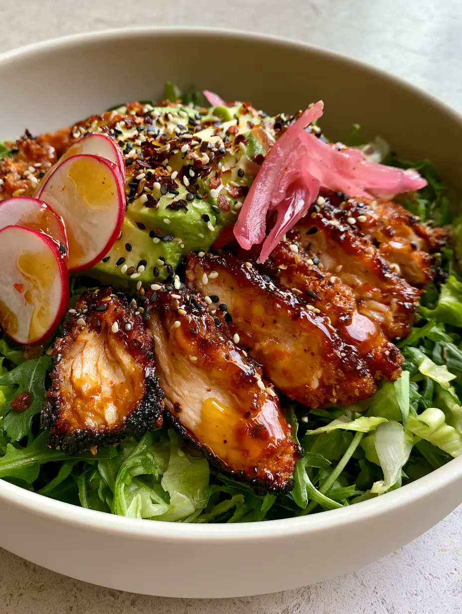 Honey Hot Chicken Salad with Sticky Glaze and Goat Cheese 4 Macro photo of crispy fried chicken coated in amber honey hot glaze on a bed of arugula. (honey hot chicken salad)