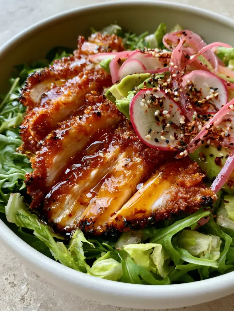 Honey Hot Chicken Salad with Sticky Glaze and Goat Cheese 1 Side view of honey hot chicken salad showing julienned radishes and creamy avocado wedges.