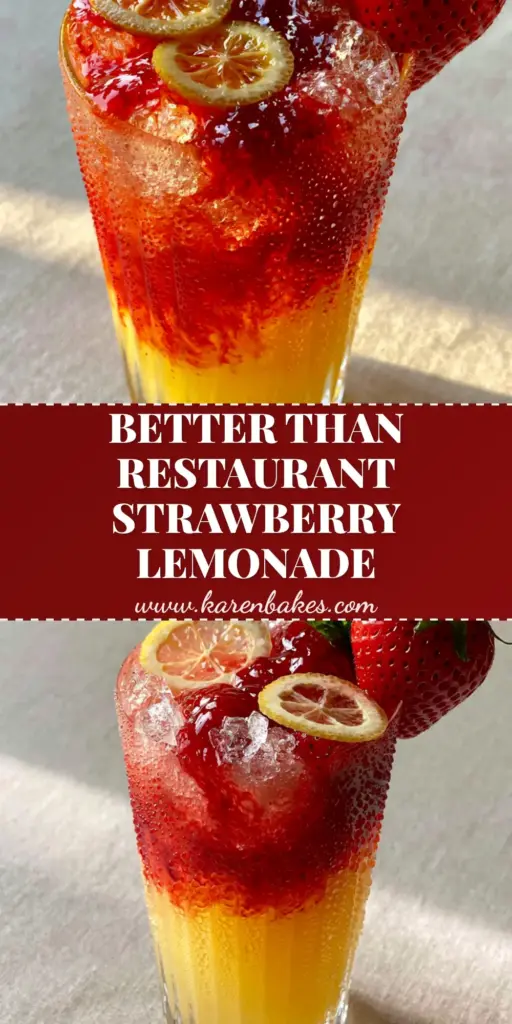 Strawberry Lemonade Recipe: The Ultimate Layered Summer Refresher 4 A vibrant layered strawberry lemonade recipe in a ribbed glass with crimson syrup swirls and a fresh strawberry garnish.