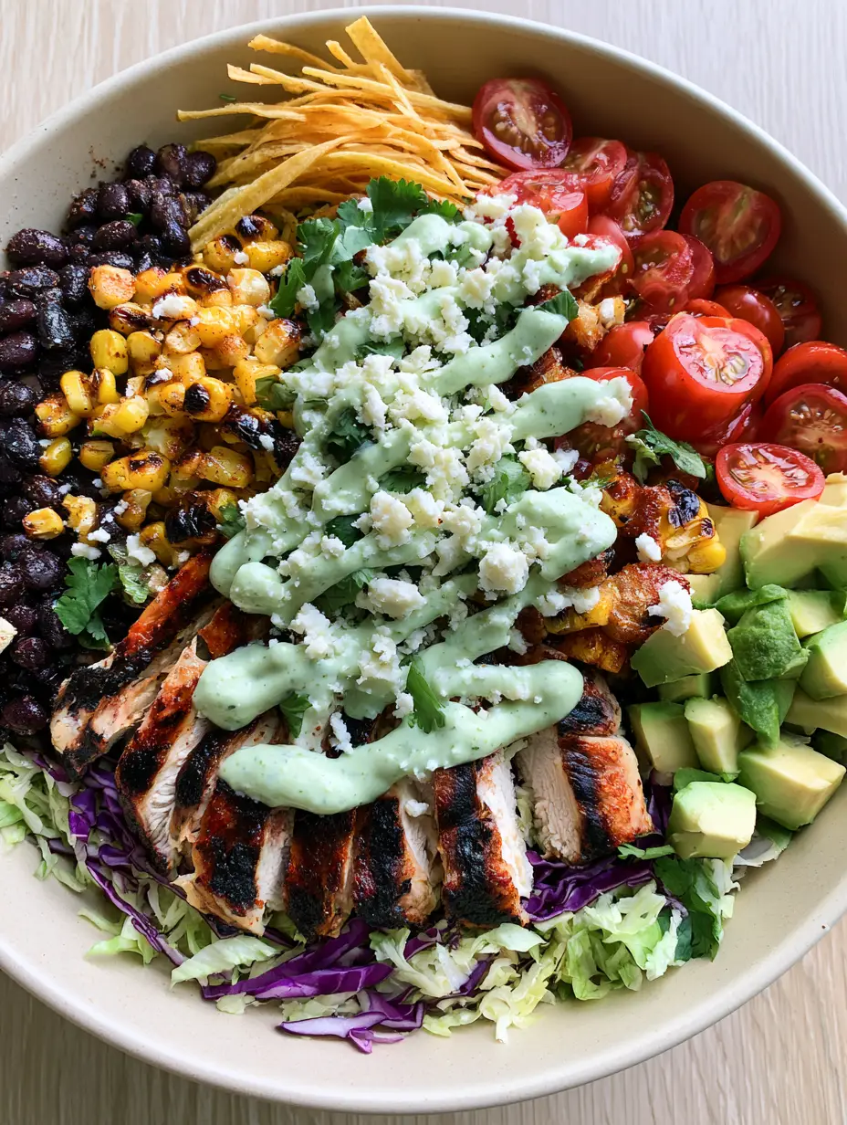 Southwest Chicken Chopped Salad with Cilantro Lime Dressing 3 A close up of the Southwest Chicken Chopped Salad showing charred corn and grilled chicken strips.