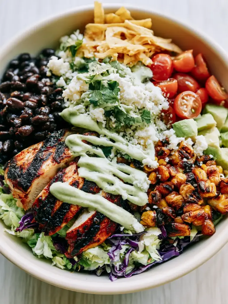 Southwest Chicken Chopped Salad with Cilantro Lime Dressing 1 Overhead view of the Southwest Chicken Chopped Salad with a zig-zag of pale-green dressing.