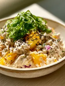 Close-up of fresh Hawaiian chicken salad showing chicken fibers and juicy pineapple chunks. (Hawaiian chicken salad)
