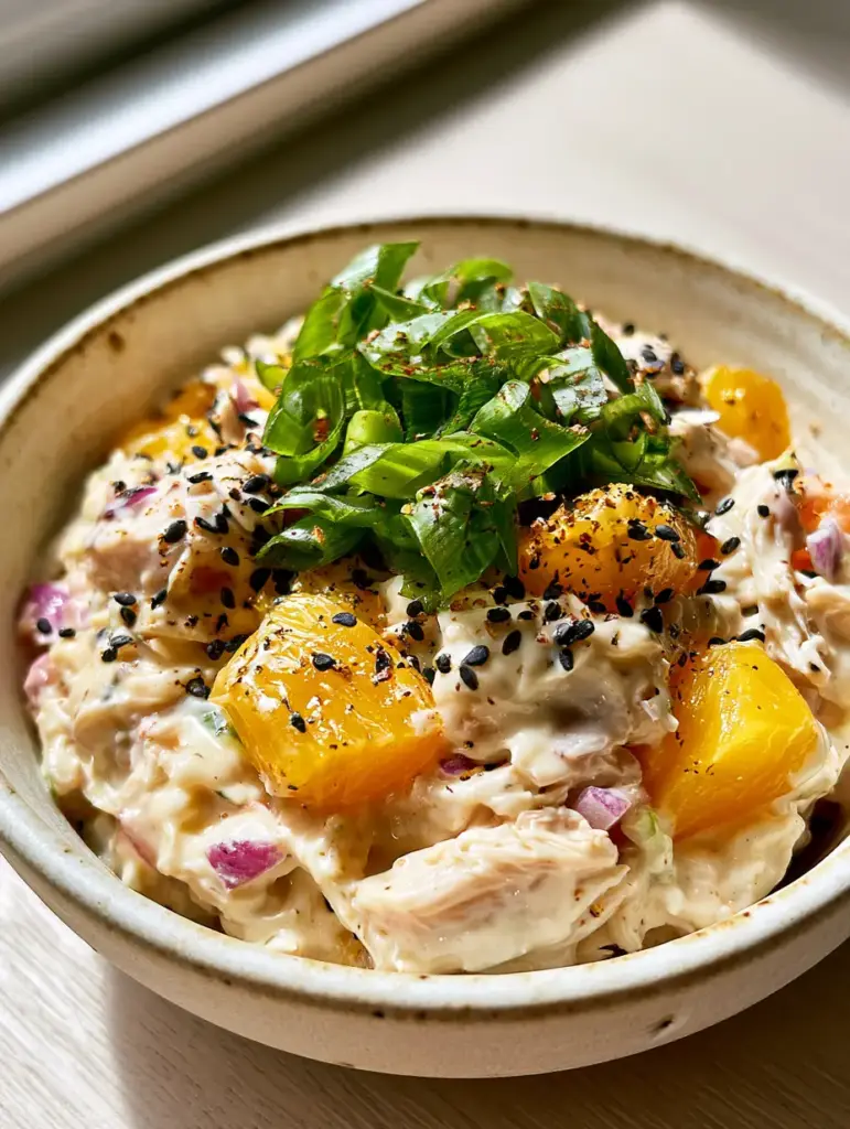 Hawaiian Chicken Salad: The Ultimate Creamy Pineapple and Shredded Chicken Recipe 1 Eye-level view of Hawaiian chicken salad in a ceramic bowl with heavy scallion garnish. (Hawaiian chicken salad)