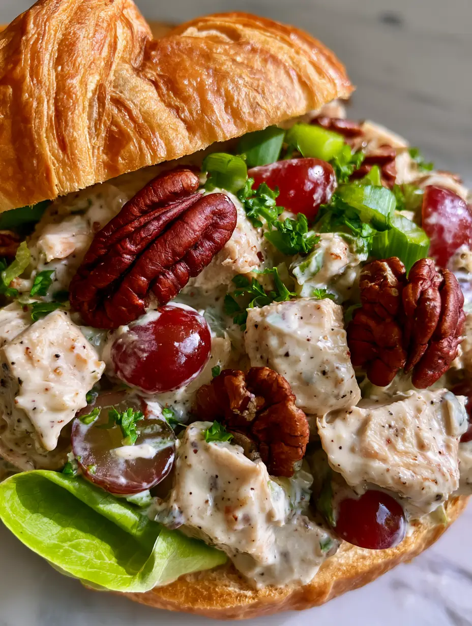 Honey Pecan Chicken Salad on Buttery Flaky Croissants 3 High-angle shot of a chunky, creamy Honey Pecan Chicken Salad with visible black pepper specks and mahogany pecans inside a golden-brown croissant.