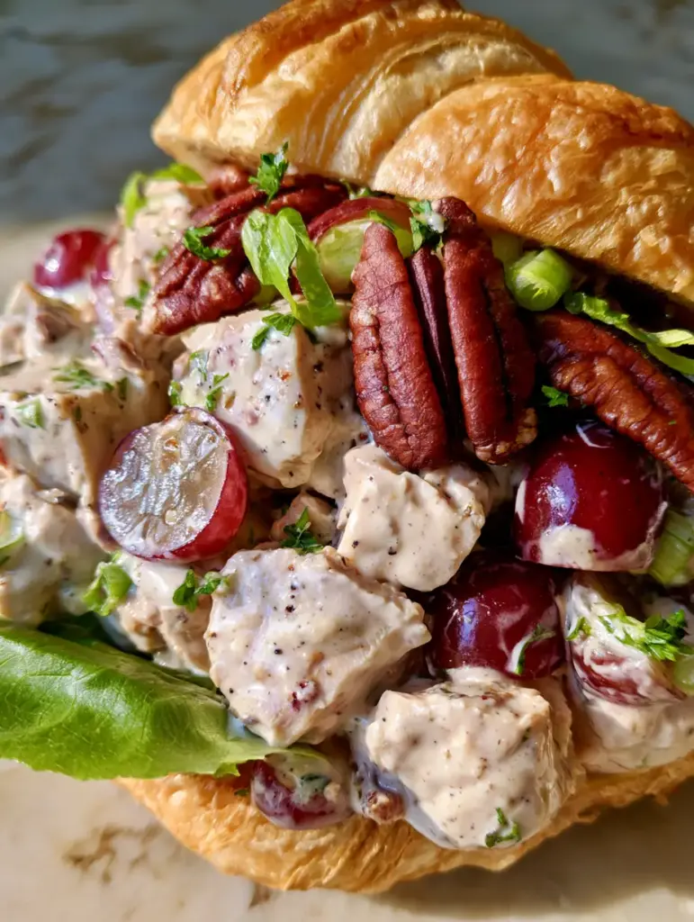 Honey Pecan Chicken Salad on Buttery Flaky Croissants 1 A buttery croissant split open and filled with thick honey mustard chicken salad, glistening red grapes, and fresh green scallions.