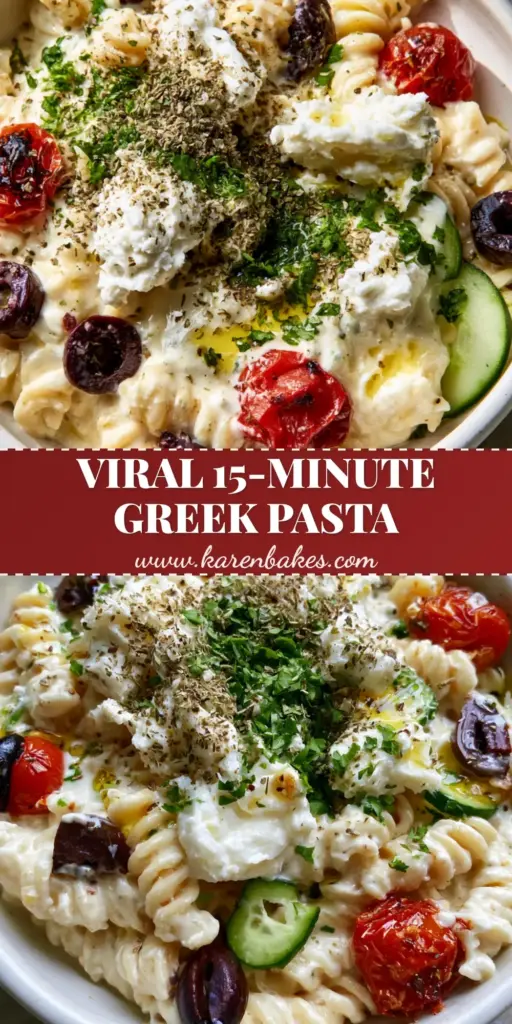 Greek Pasta with Velvety Melted Feta and Blistered Tomatoes 4 Overhead close-up of a white ceramic bowl filled with Greek Pasta, melted feta sauce, charred cherry tomatoes, and sliced olives.