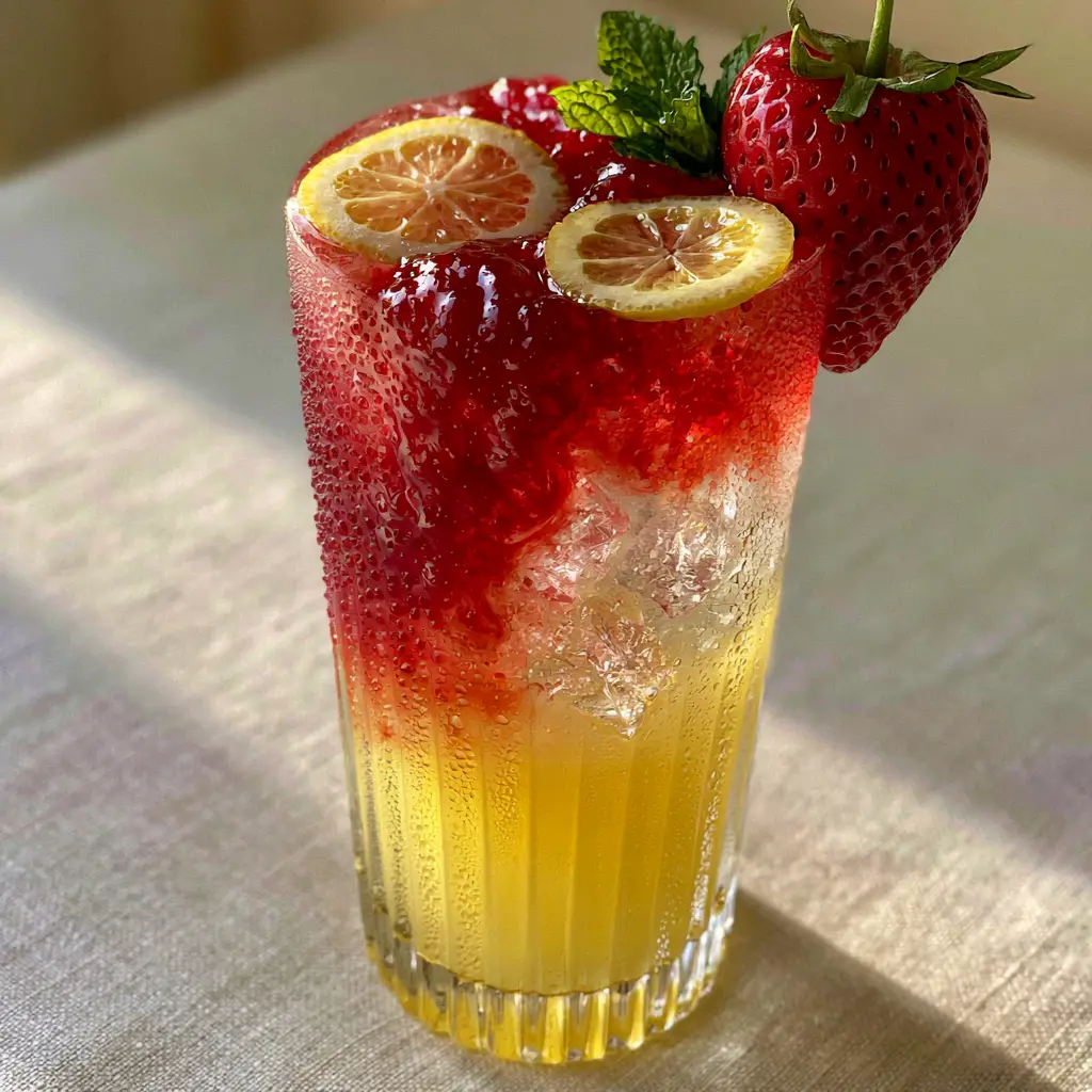 Strawberry Lemonade Recipe: The Ultimate Layered Summer Refresher 2 Close up of a strawberry lemonade recipe featuring a yellow base and deep crimson marbled syrup swirls in a ribbed glass. (strawberry lemonade recipe)
