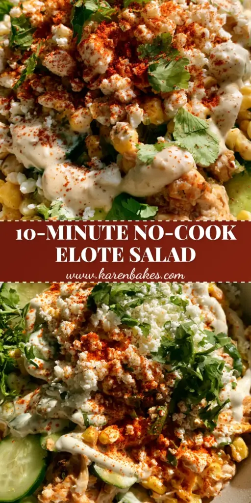 Street Corn Cucumber Chicken Salad with Creamy Lime Crema 4 A rustic bowl of street corn cucumber chicken salad featuring shredded chicken, bright green cucumbers, and golden corn topped with cotija cheese and smoked paprika.