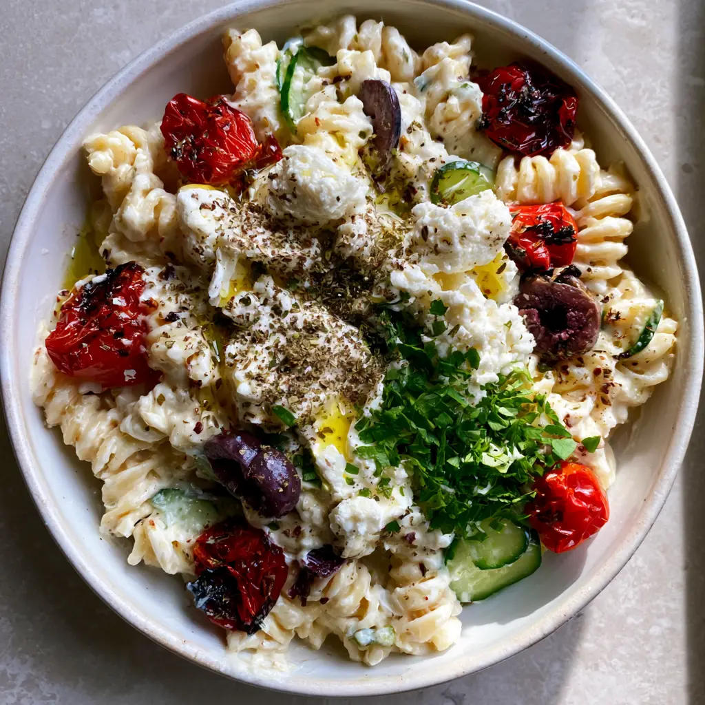 Greek Pasta with Velvety Melted Feta and Blistered Tomatoes 2 A rustic bowl of Greek Pasta showing the thick, creamy feta sauce and vibrant green parsley garnish.