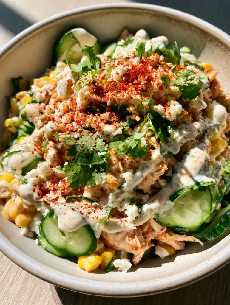 Street Corn Cucumber Chicken Salad with Creamy Lime Crema 2 Top-down view of street corn cucumber chicken salad in a white ceramic bowl with creamy dressing and fresh cilantro.