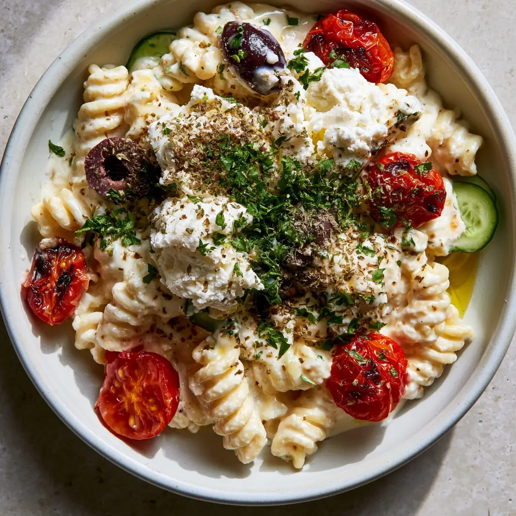 Greek Pasta with Velvety Melted Feta and Blistered Tomatoes 1 Greek Pasta spirals coated in melted feta with crisp cucumber half-moons and golden olive oil drizzle.