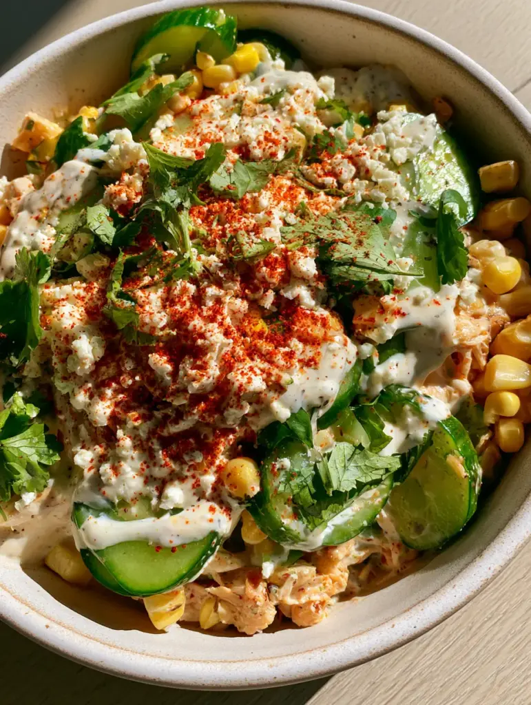 Street Corn Cucumber Chicken Salad with Creamy Lime Crema 1 Close-up of elote-style chicken salad with golden sweet corn and red smoked paprika dusting.