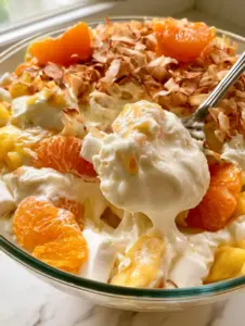 Top-down view of Hawaiian Fruit Salad in a glass bowl with a silver spoon lifting a creamy scoop. (Hawaiian Fruit Salad)