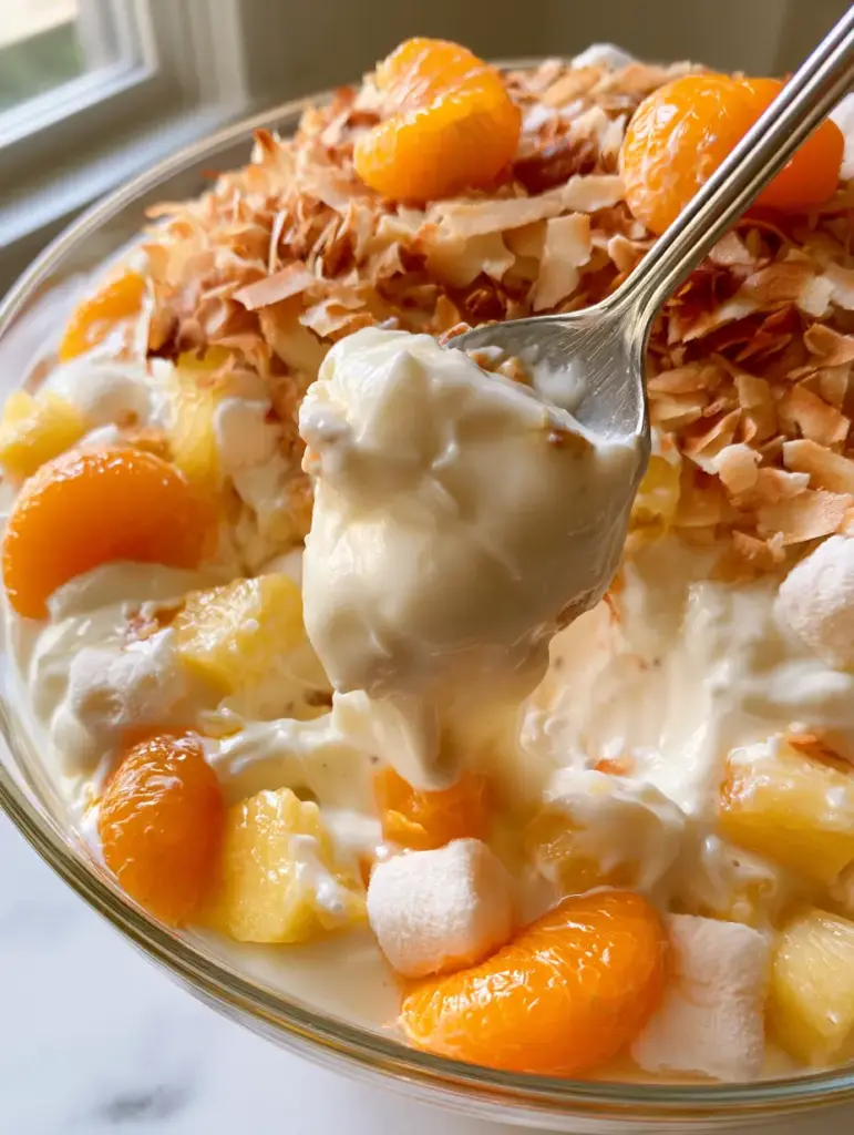 Close-up of golden toasted coconut flakes on top of a glossy white fruit salad. (Hawaiian Fruit Salad)