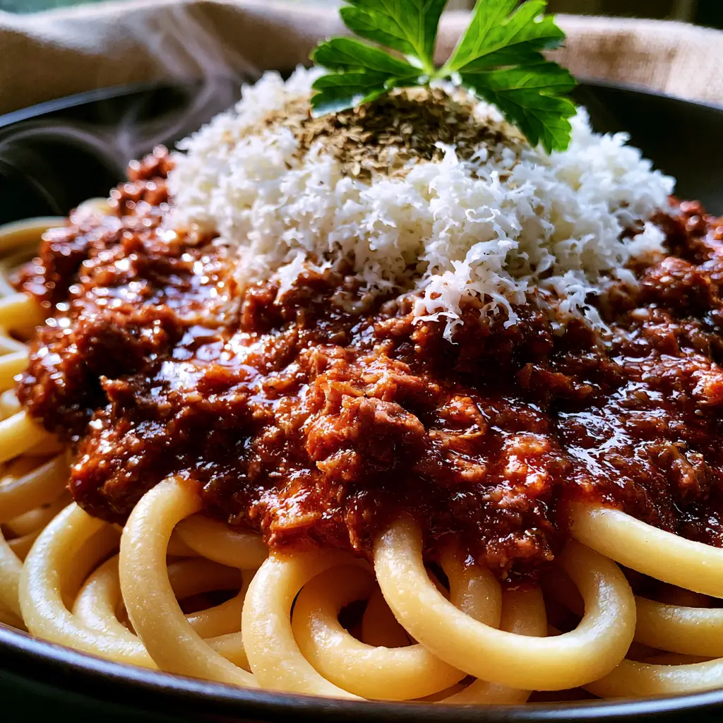 Makaronia Me Kima: The Ultimate Greek Bucatini with Spiced Meat Sauce 2 Macro shot of glossy, deep-red beef sauce draped over al dente bucatini strands (Makaronia Me Kima).
