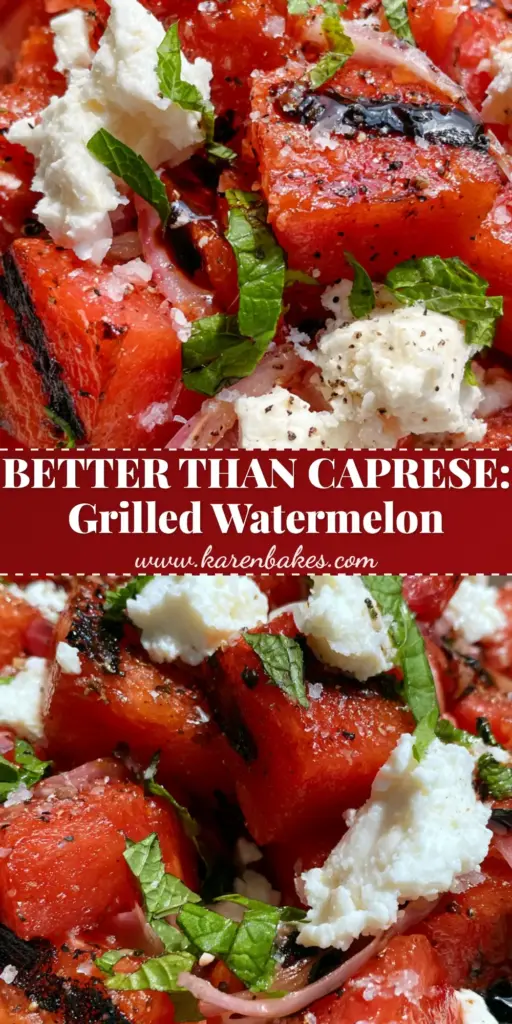 Grilled Watermelon with Feta and Mint: The Ultimate Savory-Sweet Summer Showstopper 4 A close-up vertical shot of Grilled Watermelon blocks with dark charred marks, topped with feta and mint ribbons, perfect for Pinterest.