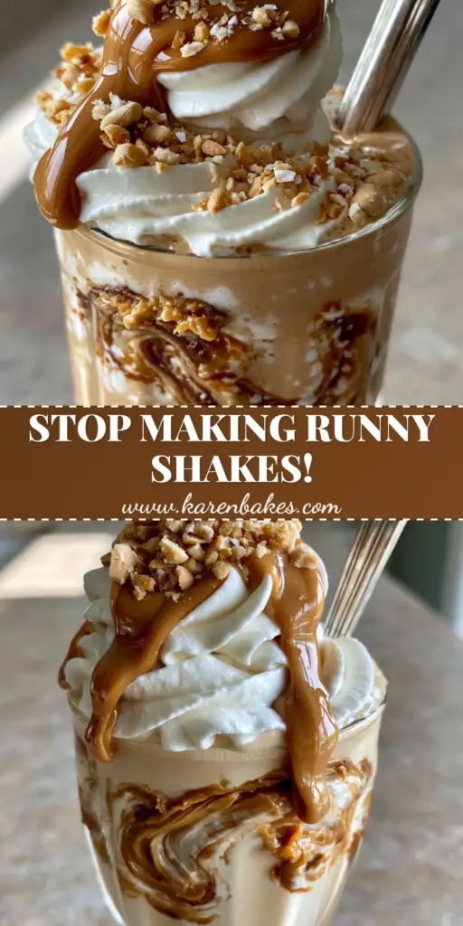 Extreme close-up of a thick Peanut Butter Milkshake with a silver spoon standing upright in a fluted glass, topped with whipped cream and crushed peanuts.