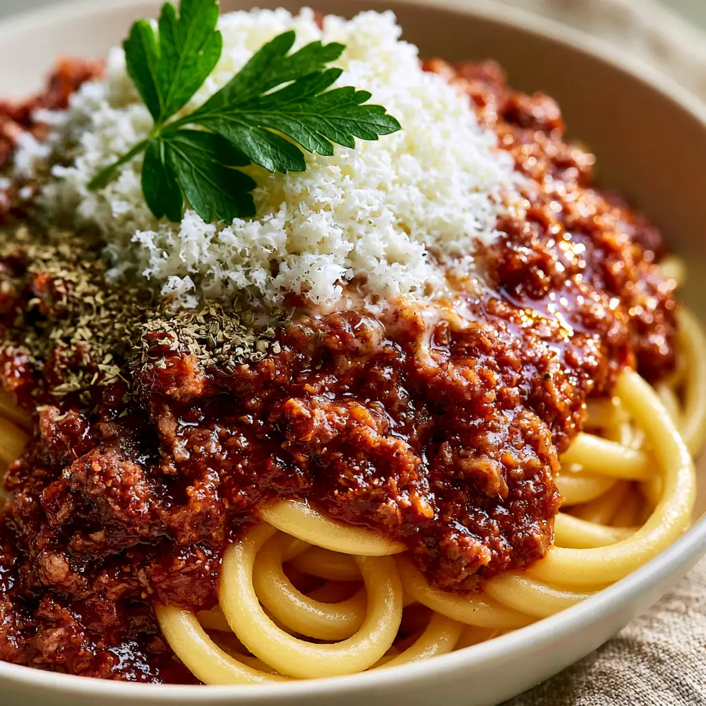 Makaronia Me Kima: The Ultimate Greek Bucatini with Spiced Meat Sauce 1 A fluffy mound of snow-white Mizithra cheese melting into a chunky Greek meat sauce on bucatini.