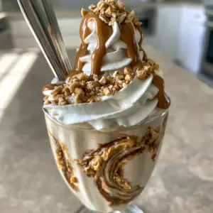 Eye-level shot of a Peanut Butter Milkshake in a vintage fluted glass with visible ripples and dark roasted peanut butter marbling.