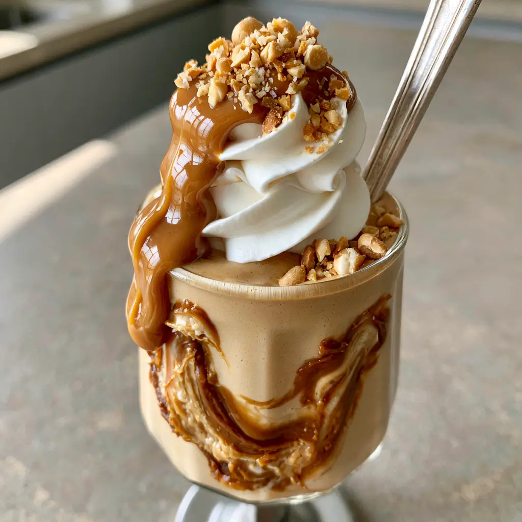 Macro shot of stiff whipped cream peaks topped with glossy peanut butter drizzle and crushed salted peanuts on a shake.