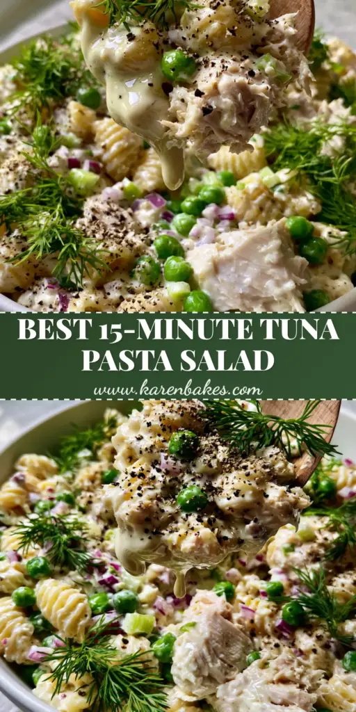Creamy Tuna Pasta Salad with Fresh Dill and Lemon Zest 3 A large, messy wooden spoon scoop of Creamy tuna pasta salad with ridged macaroni, large tuna chunks, peas, and fresh dill in a white bowl.