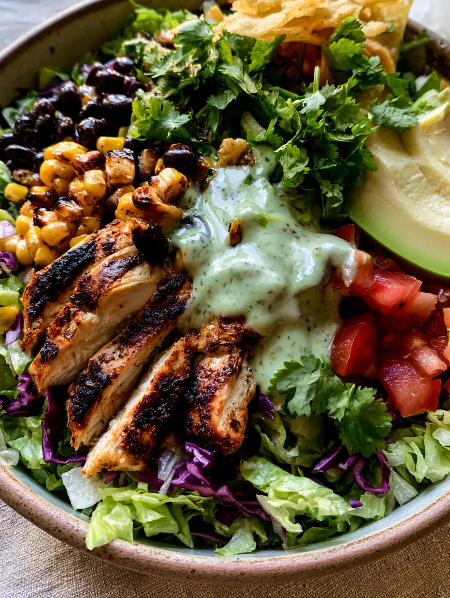 Macro top-down view of Tex-Mex Chicken Chopped Salad highlighting blackened chicken texture and glossy black beans. (Tex-Mex Chicken Chopped Salad)