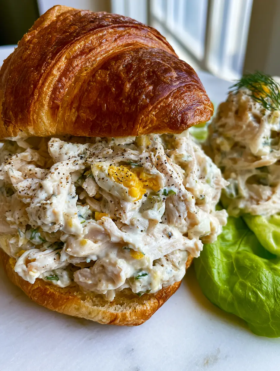 A high-angle photo of finely shredded Chicken Salad Chick Olivia's Old South with visible bits of egg and relish on a white marble background.