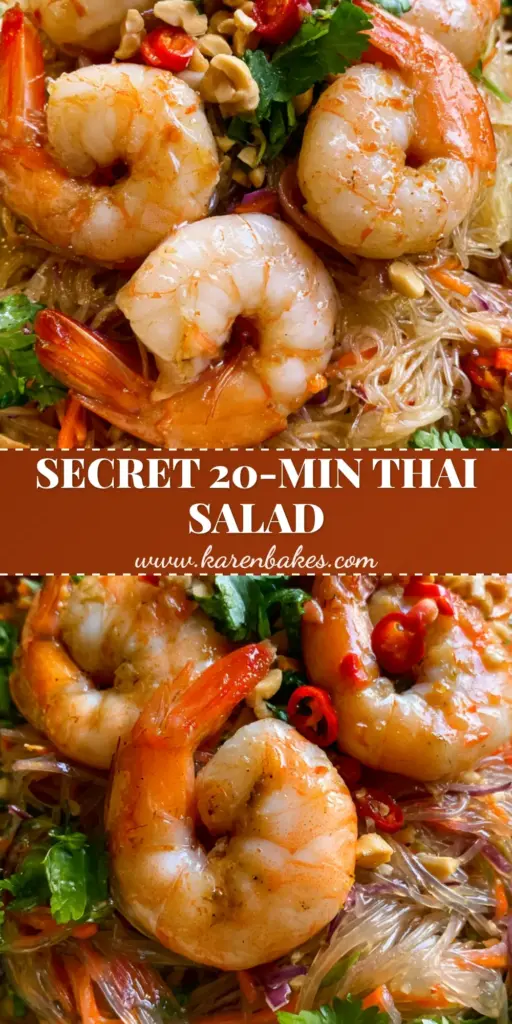 A vibrant Thai Shrimp Noodle Salad in a ceramic bowl featuring translucent glass noodles, orange-tailed poached shrimp, julienned carrots, and red bird's eye chilies.