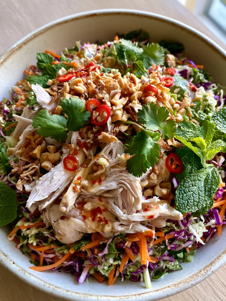 Vietnamese Chicken Salad with Zesty Nuoc Cham and Crunchy Cabbage 4 Detailed shot of hand-shredded chicken and fresh herbs in a Vietnamese chicken salad bowl.