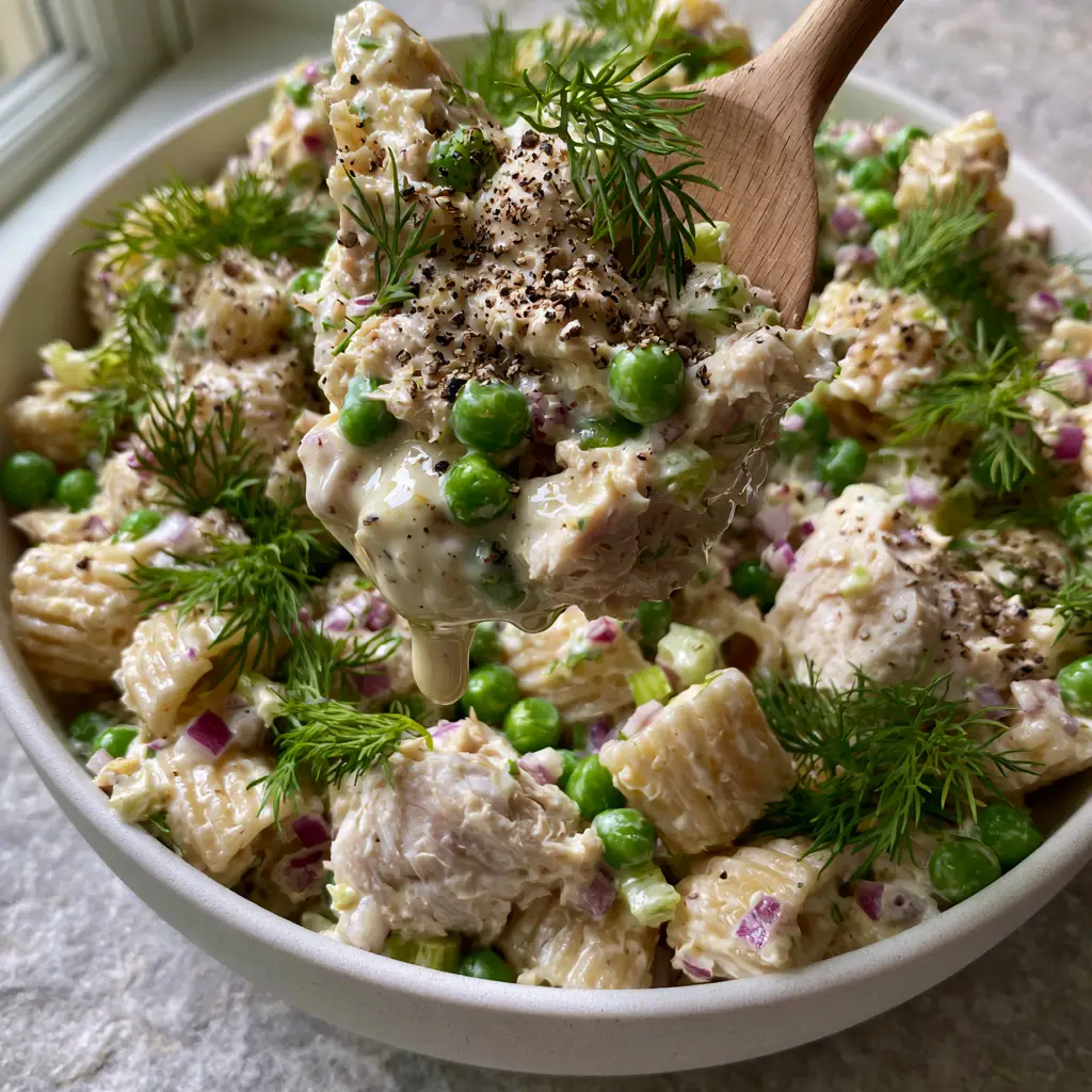 Creamy Tuna Pasta Salad with Fresh Dill and Lemon Zest 2 Overhead view of Creamy tuna pasta salad in a white ceramic bowl showing glossy dressing, green peas, and cracked black pepper.