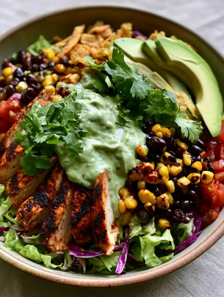 A close-up of the velvety pale green cilantro lime dressing drizzled over crisp purple cabbage and romaine in a Tex-Mex Chicken Chopped Salad.