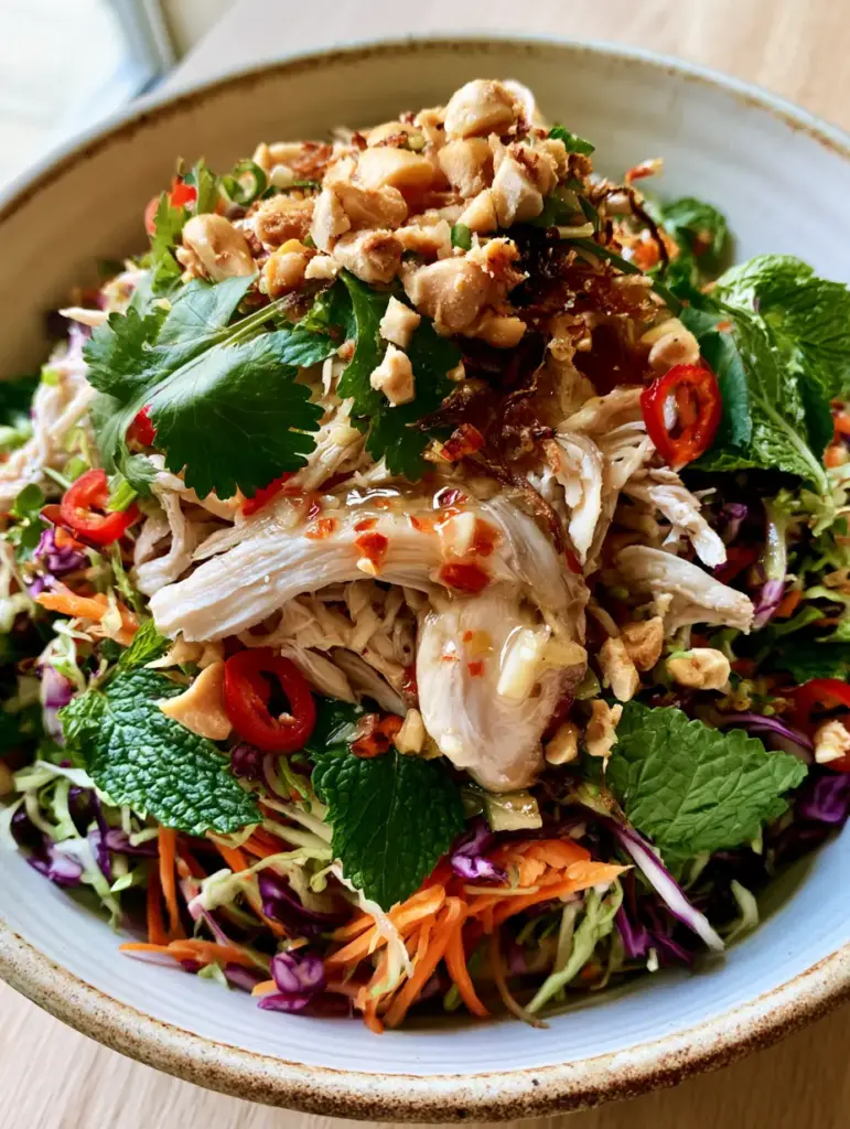 Vietnamese Chicken Salad with Zesty Nuoc Cham and Crunchy Cabbage 1 Close-up of Vietnamese chicken salad showing crispy fried shallots, crushed peanuts, and red bird's eye chilies.