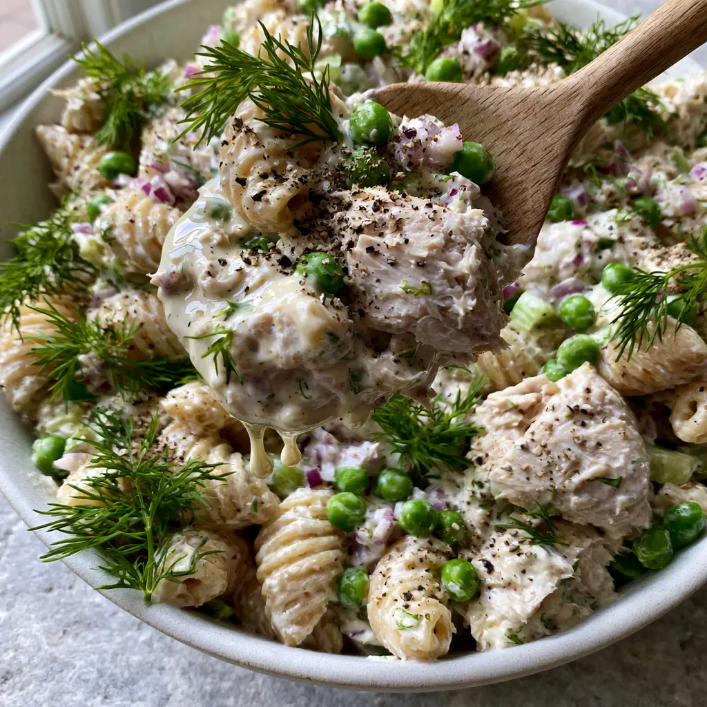 Creamy Tuna Pasta Salad with Fresh Dill and Lemon Zest 1 Close up of ridged macaroni coated in thick white dressing with chunks of tuna and sprigs of fresh dill.