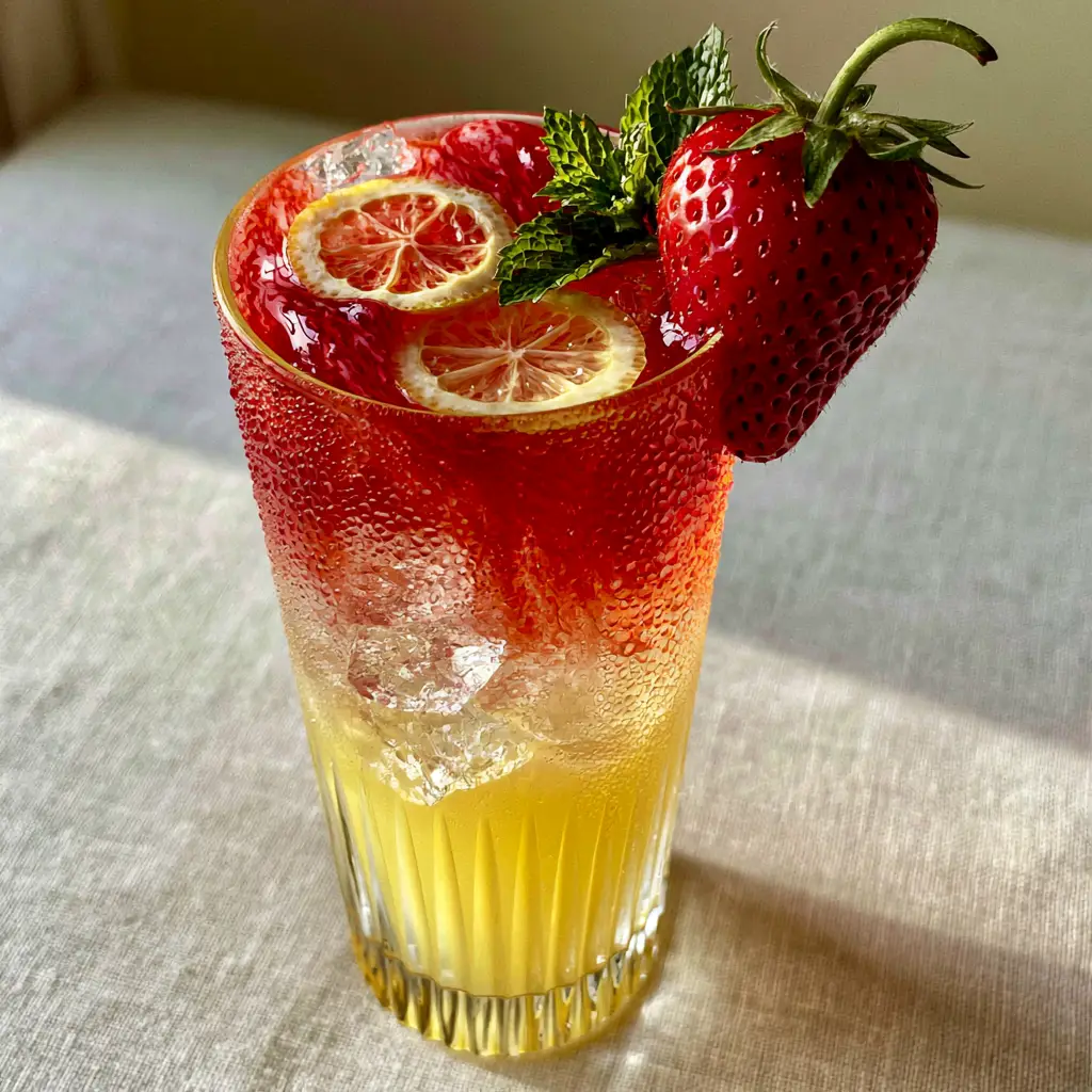 Strawberry Lemonade Recipe: The Ultimate Layered Summer Refresher 1 Handheld photo of an elegant strawberry lemonade with crystalline ice cubes and condensation droplets.