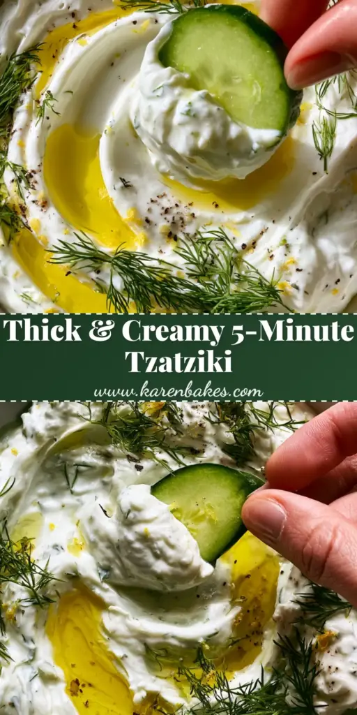 Cucumber Dip: The Ultimate Ultra-Thick Greek Tzatziki 4 A hand dipping a crisp cucumber slice into a thick, swirling bowl of Greek yogurt cucumber dip topped with olive oil and dill.