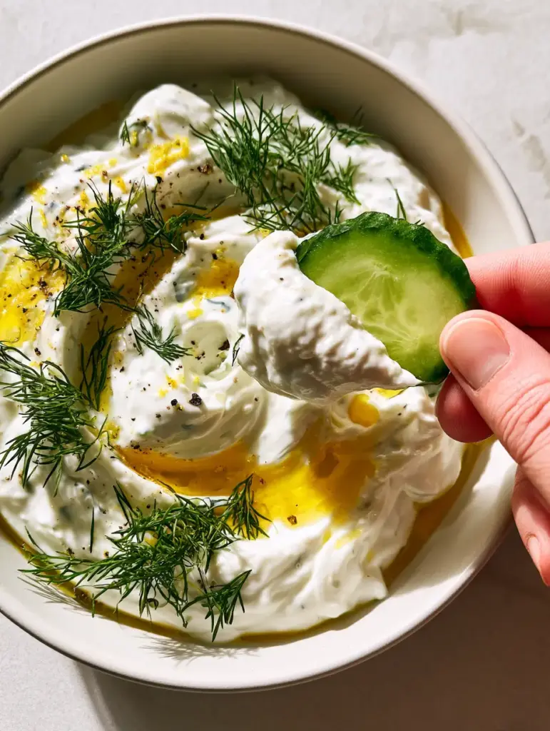 Cucumber Dip: The Ultimate Ultra-Thick Greek Tzatziki 2 High-angle smartphone photo of a minimalist white bowl filled with thick cucumber dip, featuring deep swirls and pools of olive oil.