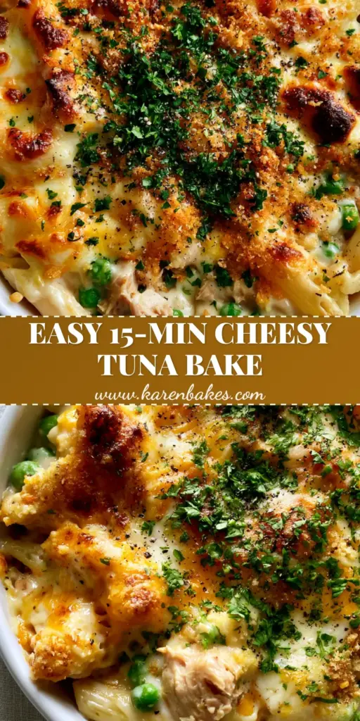 A steaming, cheesy Tuna pasta bake recipe in a white ceramic dish with golden panko crust and parsley garnish.