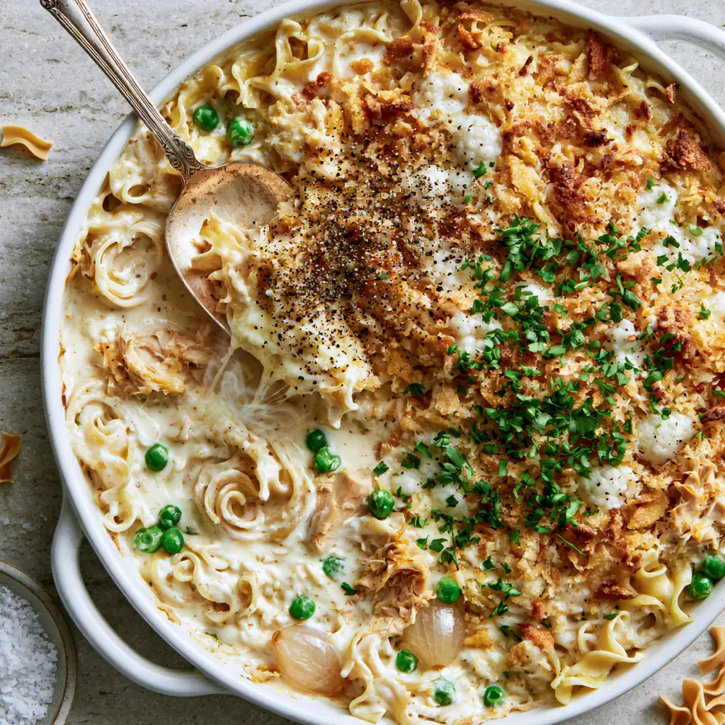 Tuna Tetrazzini Recipe: The Ultimate Creamy Albacore Casserole 2 Close up of Tuna Tetrazzini showing the thick ivory cream sauce, large albacore flakes, and bright green peas.