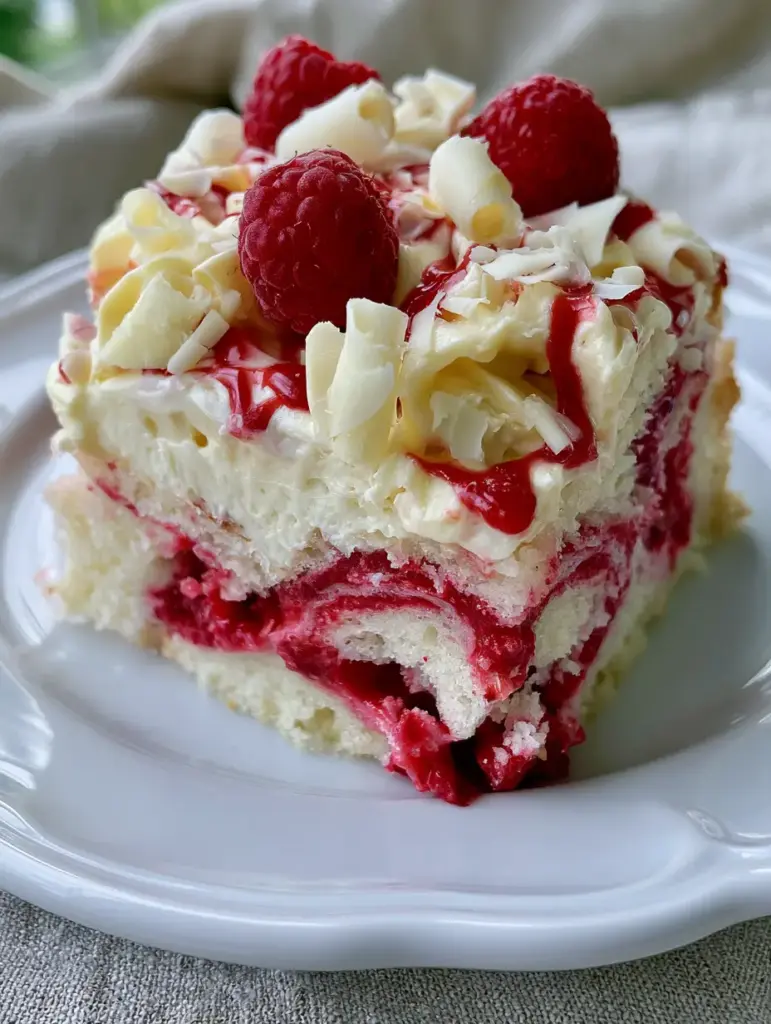 White Chocolate Raspberry Poke Cake: The Ultimate Decadent Summer Dessert 2 A single slice of White Chocolate Raspberry Poke Cake held in front of a neutral linen background, highlighting the moist texture.