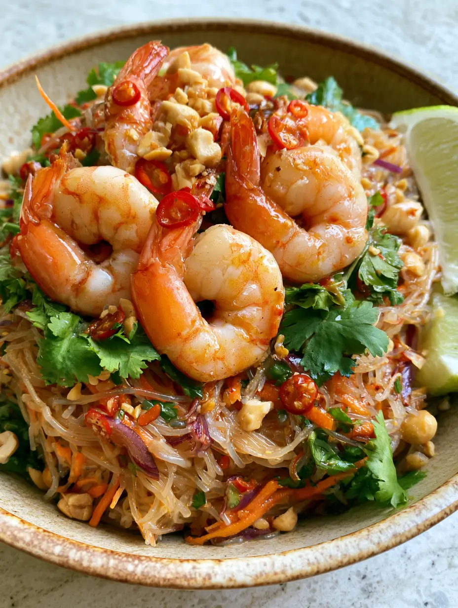 Smartphone photo of a Thai Shrimp Noodle Salad on a stone countertop, highlighting the glossy texture of the noodles and plump shrimp.
