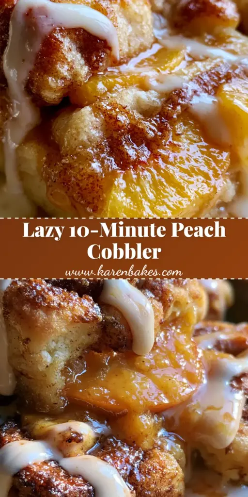 A rustic ceramic dish filled with golden peach cobbler cinnamon rolls, featuring caramelized peach slices and dripping cream cheese icing.