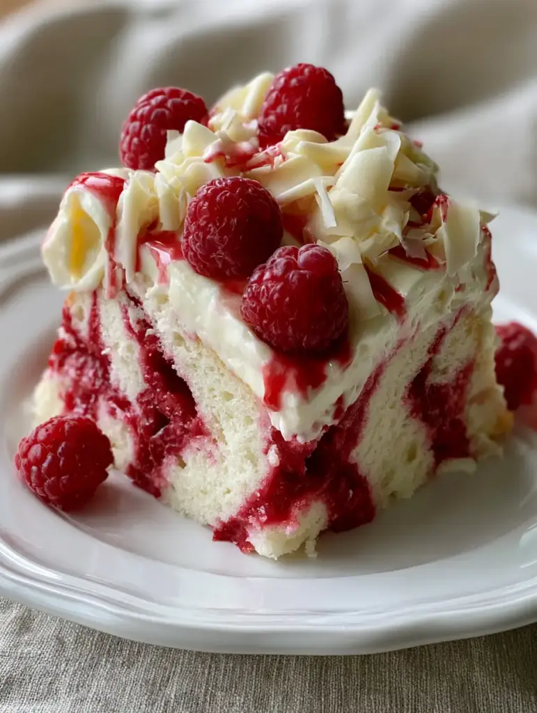 White Chocolate Raspberry Poke Cake: The Ultimate Decadent Summer Dessert 1 Top-down view of a White Chocolate Raspberry Poke Cake slice with white chocolate curls and fresh red raspberries.