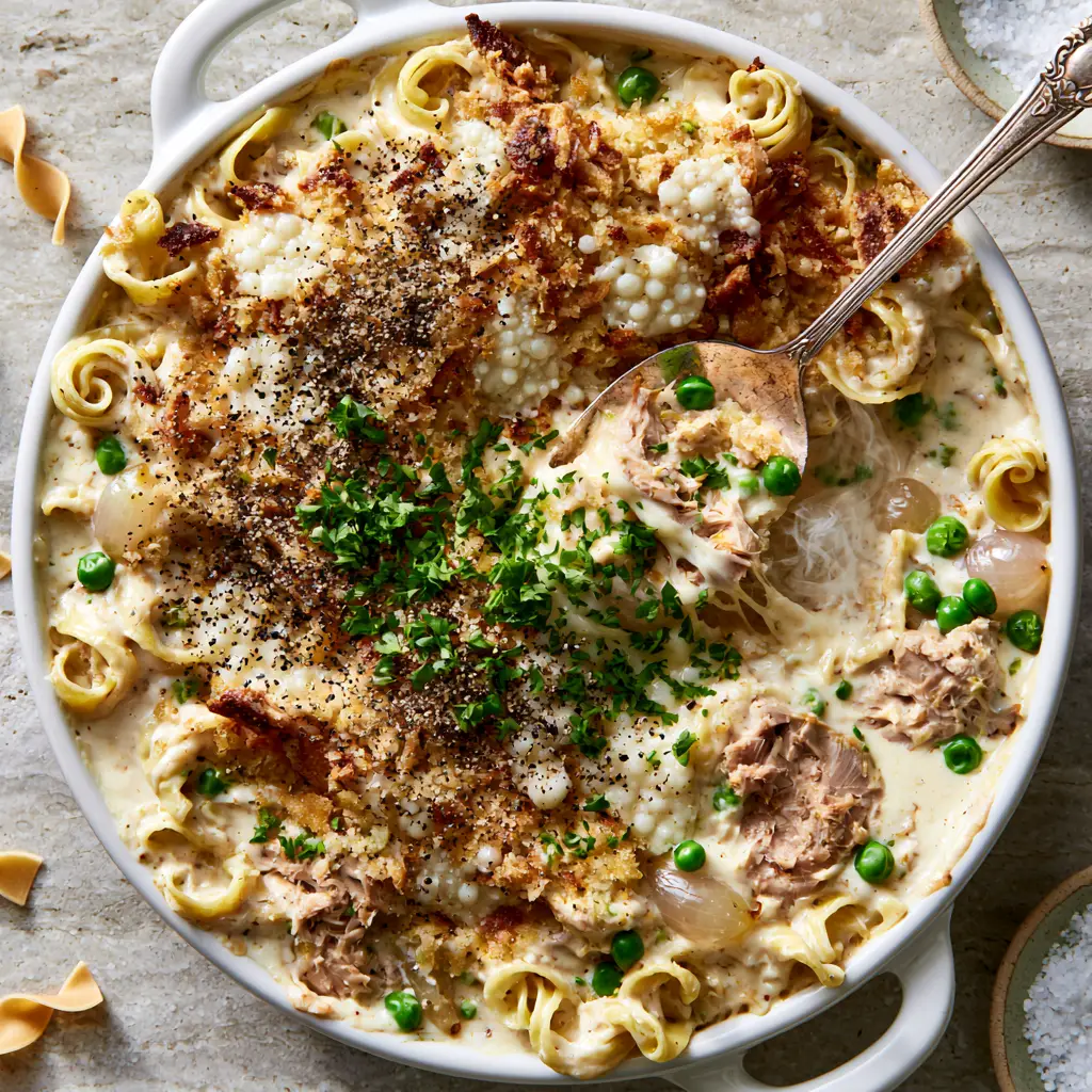 Tuna Tetrazzini Recipe: The Ultimate Creamy Albacore Casserole 1 Serving spoon lifting a portion of Tuna Tetrazzini showing a cheese pull and steam rising from the noodles.